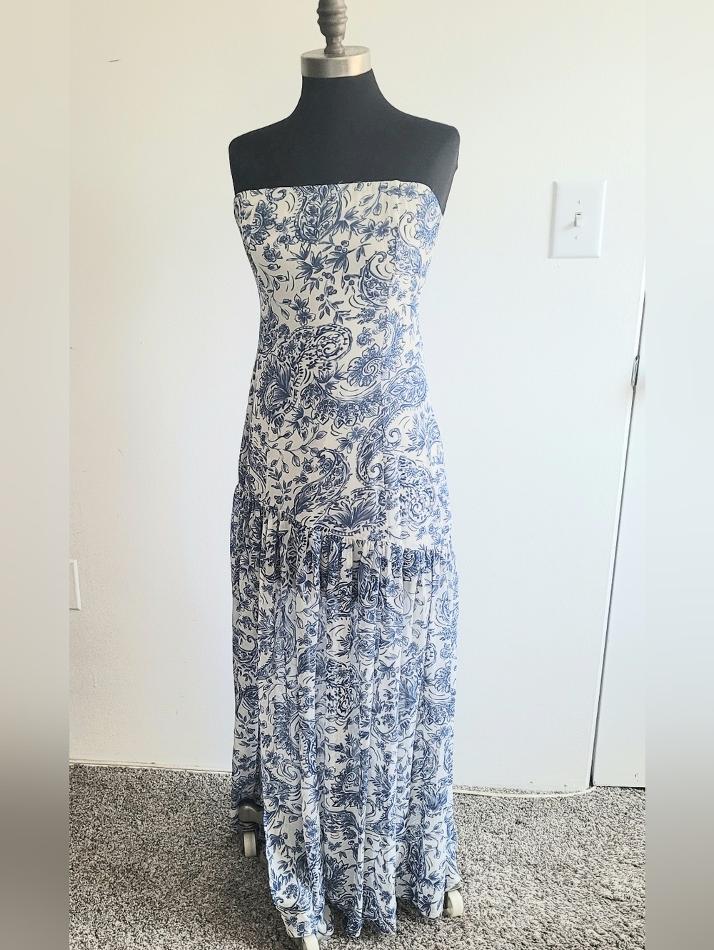 Strapless Blue and White Floral Tiered Maxi Dress